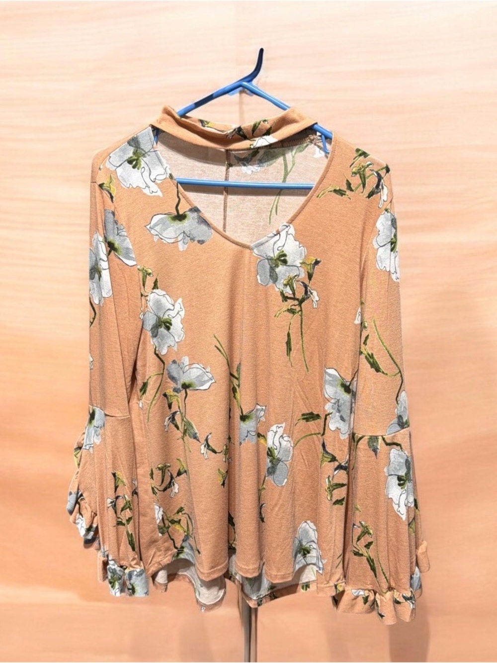 easel Tan Floral V-Neck Choker Tunic Top with ruffle fly sleeves